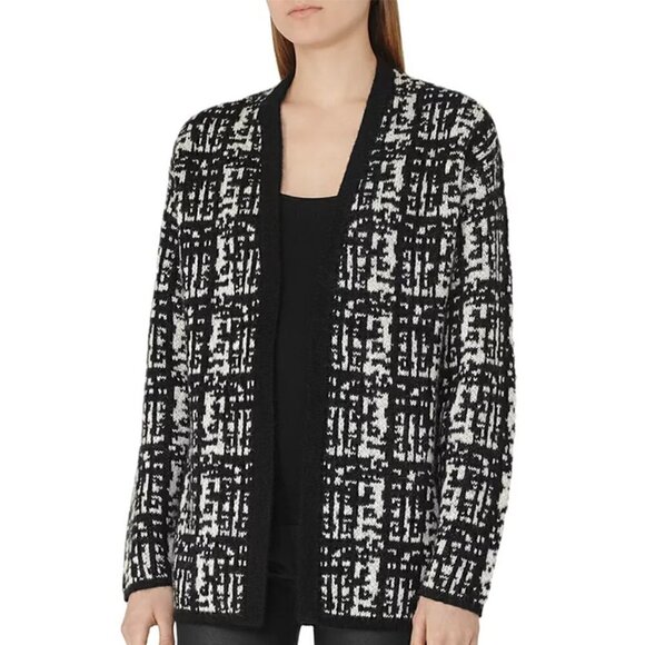 Reiss Sweaters - Reiss Nico Cardigan Textured Black White Abstract Intarsia Knit Open Front Large
